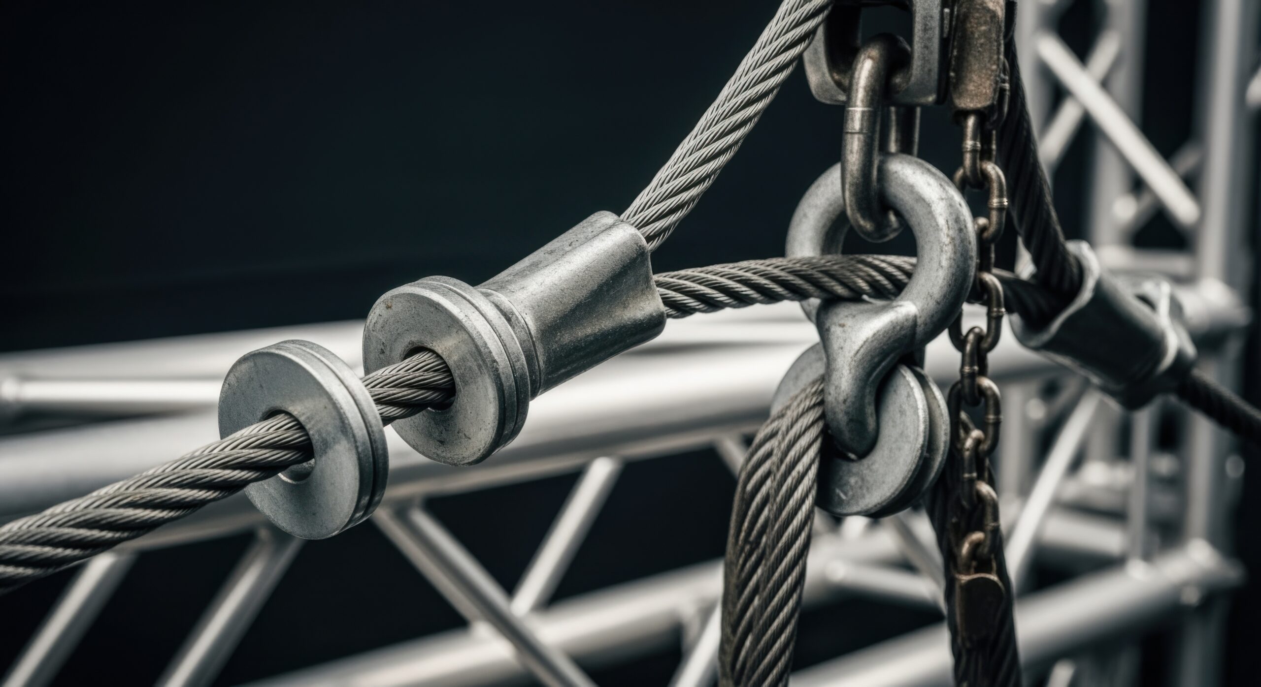 Zoomedin footage of safety washers and cables securing concert stage truss components to chain hoists during rigging.